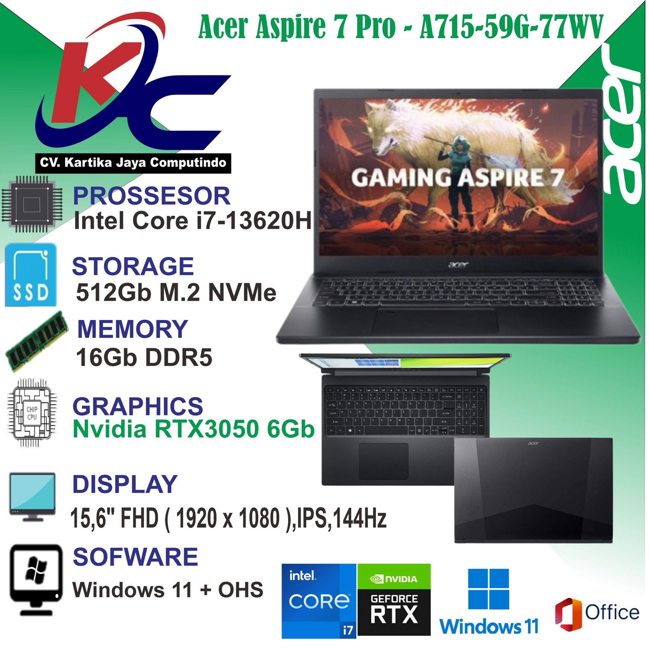 ACER A715-59G-77WV  I7-13620H/ 16GB/ SSD 512GB/ RTX3050-6GB/ W11 OHS24 BLACK